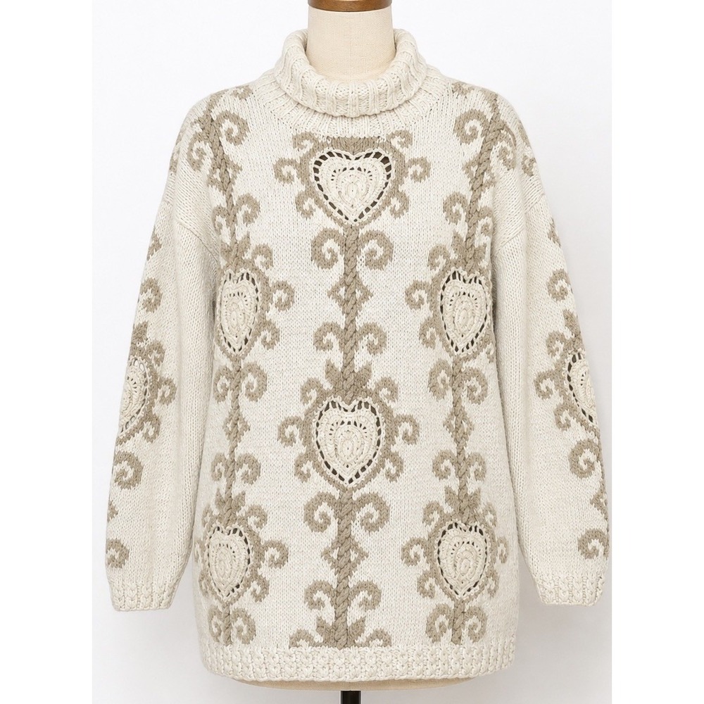 Vtg Express Tricot Hand Knitted Heart Sweater Ramie Chunky Knit Boho Cottagecore